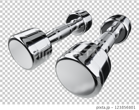 Two blank Round Dumbbells, chrome weightlifting gym equipment wide angle view 123856801