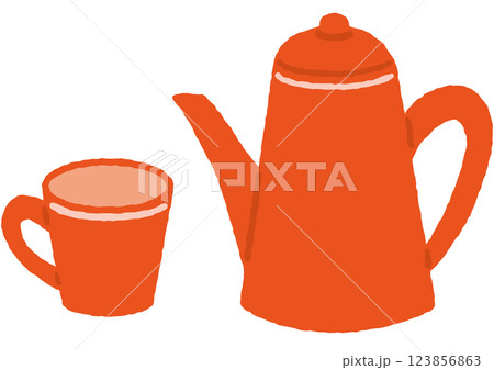 かわいいティーポットとカップの手描きイラスト 123856863