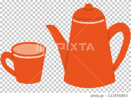 かわいいティーポットとカップの手描きイラスト 123856863