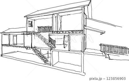 hand drawn architectural sketch of section of classic two story detached house with roof and stairs 123856903