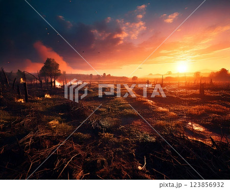 火の燻る戦いが終わった戦場に沈む太陽　ai生成画像 123856932