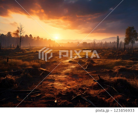 荒廃した平原に沈む夕日 ai生成画像 荒廃した平原に沈む夕日 ai生成画像 123856933