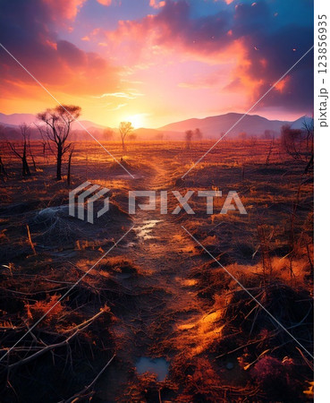 荒れ果てた平原と朝日の光 ai生成画像 荒れ果てた平原と朝日の光 ai生成画像 123856935