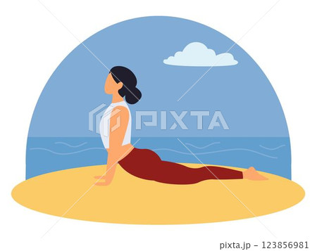 Woman practicing yoga on the beach. Vector illustration in a flat style. Woman practicing yoga on the beach. Vector illustration in a flat style. 123856981