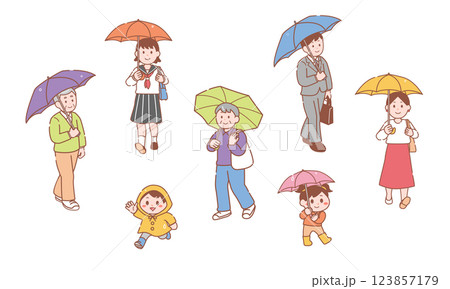 雨の日に傘をさして外出する人物イラストセット 雨の日に傘をさして外出する人物イラストセット 123857179