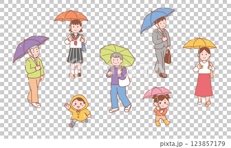 Set of illustrations of people going out with umbrellas on rainy days 123857179