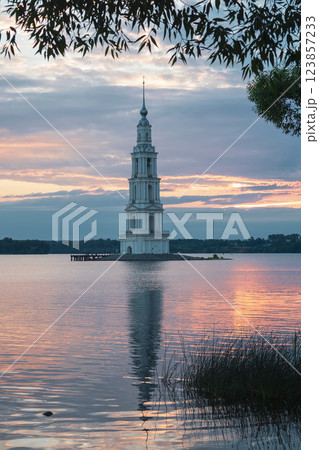 Kalyazin flooded orthodox church on Volga river in Russia 123857233