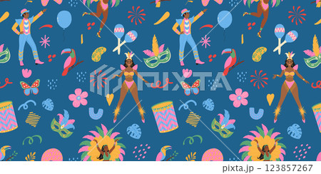Carnival in Brazil. Seamless pattern with masks, exotic bird, dancing people, flowers. Modern vector illustration 123857267