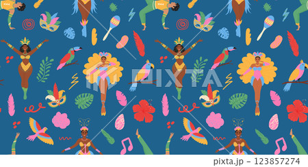 Brazil carnival seamless pattern. Masks, exotic bird, dancing people, flowers. Modern vector illustration 123857274