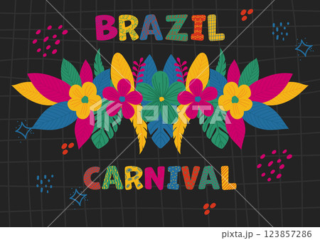Brazilian carnival poster. Trendy banner with floral daisy border and doodle elements. 123857286