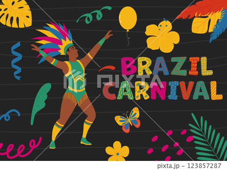 Trendy Brazilian carnival vector poster with dancing man, flowers, naive doodle shapes. Modern illustration in hand drawn style Trendy Brazilian carnival vector poster with dancing man, flowers, naive doodle shapes. Modern illustration in hand drawn style 123857287
