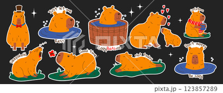 Capybara stickers set with text. Set of rodent characters swimming in pond, relaxing, walking, sleeping, drinking coffee. Hand drawn vector illustration. 123857289