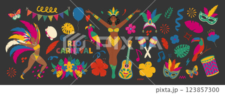 Traditional Brazil symbols set. Masks, exotic bird, dancing people, guitar, flowers. Modern vector illustration Traditional Brazil symbols set. Masks, exotic bird, dancing people, guitar, flowers. Modern vector illustration 123857300