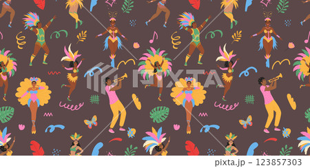 Brazilian carnival seamless pattern. Dancing people in costume and doodle elements. Trendy vector background 123857303