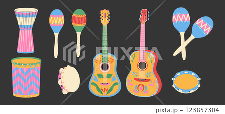 Musical instruments set. Maracas, drums, guitar with pattern. Festive carnival accessory. Musical instruments set. Maracas, drums, guitar with pattern. Festive carnival accessory. 123857304