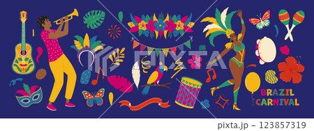 Brazilian carnival set. Masks, exotic bird, dancing people, guitar, flowers. Modern vector illustration 123857319