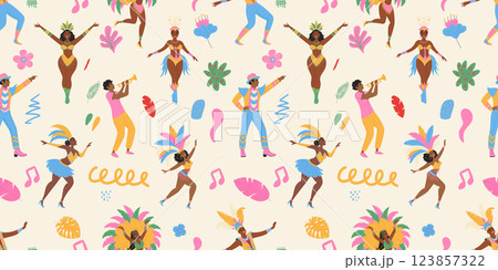Brazilian carnival seamless pattern. Dancing people, leaves, doodle elements. Modern vector illustration 123857322