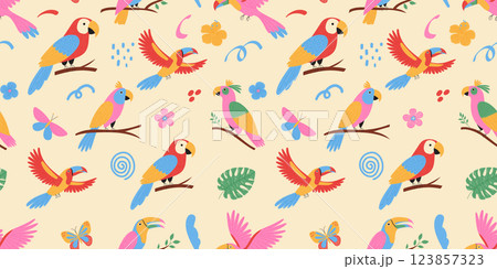 Tropical birds seamless pattern. Exotic parrots, cockatoo, toucan and doodle elements. Vector illustration 123857323