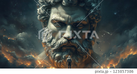 colossal Zeus face looms over lone astronaut amid fiery chaos and destruction 123857386