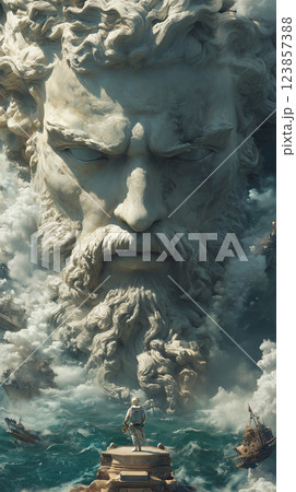 Zeus face emerges from stormy clouds as astronaut stands before flooding sea 123857388