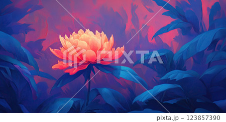 Glowing orange flower among deep blue leaves in dreamy, surreal atmosphere 123857390