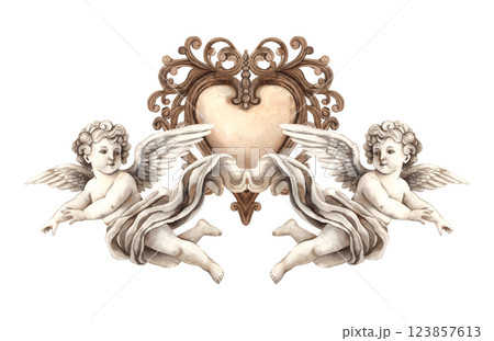 Cherubs angels cupids of love with vintage copper openwork heart. Watercolor illustration in vintage festive style, suitable for wedding, Valentine's Day and anniversary design, cards, posters 123857613