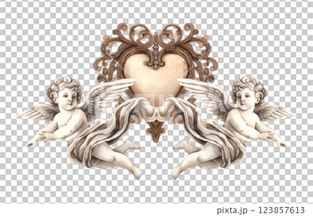Cherubs angels cupids of love with vintage copper openwork heart. Watercolor illustration in vintage festive style, suitable for wedding, Valentine's Day and anniversary design, cards, posters 123857613