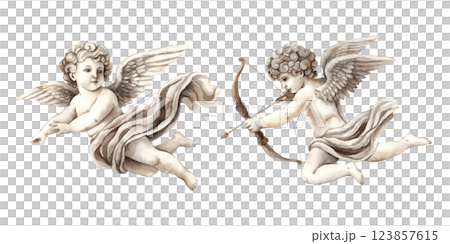 Cherub angels cupids of love, set of two cupids made of ceramic material. Watercolor illustration in vintage style, suitable for wedding, Valentine's Day, anniversary, cards, posters and banner Cherub angels cupids of love, set of two cupids made of ceramic material. Watercolor illustration in vintage style, suitable for wedding, Valentine's Day, anniversary, cards, posters and banner 123857615