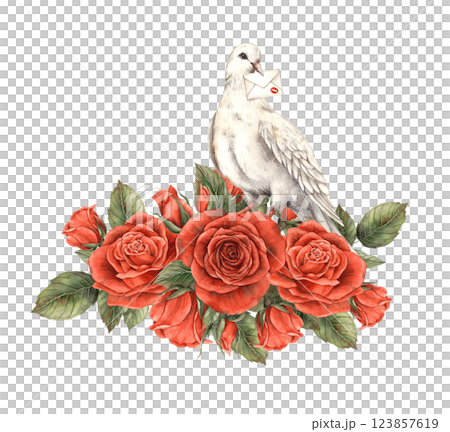 White dove with letter and kiss surrounded by bouquet of bright red realistic roses with leaves. Watercolor hand drawn illustration in vintage style, for Valentine's Day, wedding, anniversary design White dove with letter and kiss surrounded by bouquet of bright red realistic roses with leaves. Watercolor hand drawn illustration in vintage style, for Valentine's Day, wedding, anniversary design 123857619