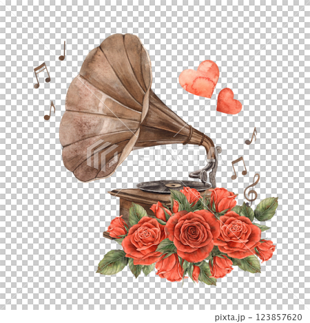 Vintage old gramophone with bouquet of red roses and green leaves, with notes and hearts around. Watercolor illustration for wedding, Valentine's Day, anniversary, cards, posters, banners, souvenirs Vintage old gramophone with bouquet of red roses and green leaves, with notes and hearts around. Watercolor illustration for wedding, Valentine's Day, anniversary, cards, posters, banners, souvenirs 123857620