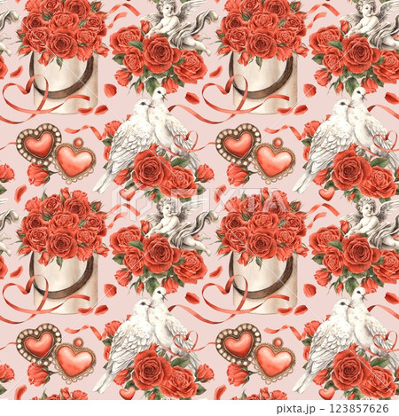 Bouquet of red velvet roses, angel cupid of love, a pair of doves surrounded by roses, vintage hearts nearby. Watercolor seamless pattern for textiles, packaging, wedding design, Valentine's Day. Bouquet of red velvet roses, angel cupid of love, a pair of doves surrounded by roses, vintage hearts nearby. Watercolor seamless pattern for textiles, packaging, wedding design, Valentine's Day. 123857626