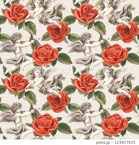 Angel Cupid symbol of love flies among red roses with green leaves. Watercolor seamless pattern on a gray background. For the design of packaging, banners for weddings, Valentine's Day, birthdays 123857635