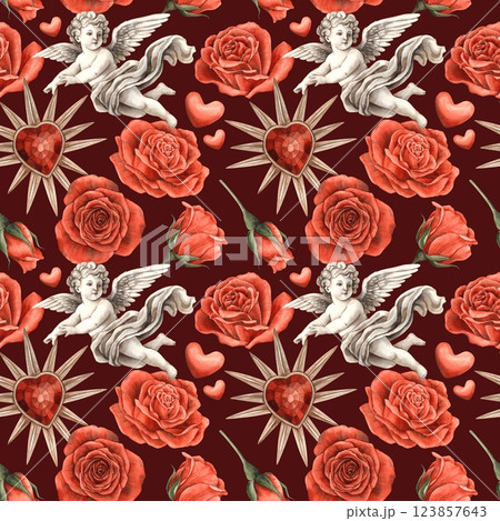 Red roses, vintage heart with a crystal and a plaster cupid-angel. Watercolor seamless pattern on a burgundy background, for packaging design, textiles for weddings, Valentine's Day, birthdays. 123857643