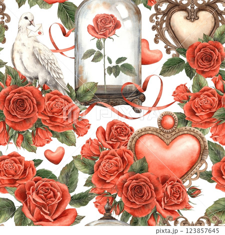 Seamless watercolor pattern with red roses, hearts, white dove, glass domes with roses inside and elegant ribbons. Perfect for Valentine's Day, wedding designs, greeting cards, fabric and gift wrap 123857645