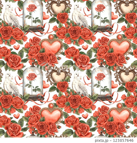 Red roses, vintage hearts, white doves, glass domes with roses inside and elegant ribbons. Watercolor pattern is perfect for Valentine's Day, wedding designs, greeting cards, fabric and gift wrap 123857646