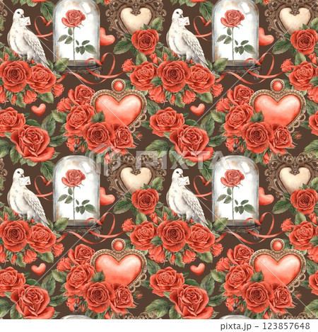 Red roses, vintage hearts, white doves, glass domes with roses inside and elegant ribbons. Watercolor pattern is perfect for Valentine's Day, wedding designs, greeting cards, fabric and gift wrap 123857648