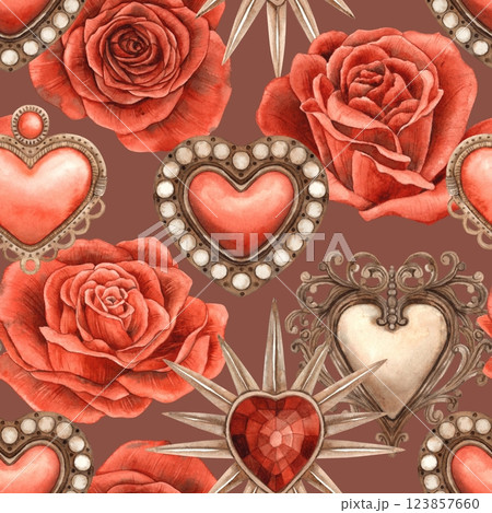 Bright red roses, vintage decorative hearts and gemstones. Watercolor seamless pattern exudes romance and elegance, suitable for Valentine's Day, wedding invitations, gift wrapping, romantic design 123857660