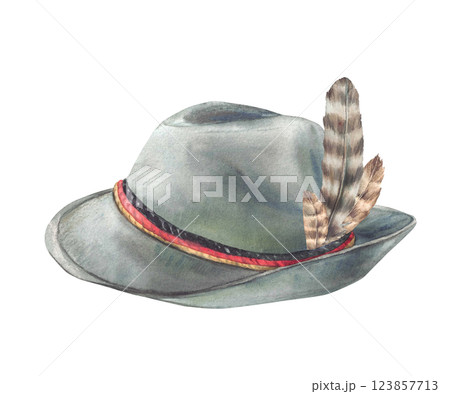 Hat with feather decorated by three ribbons color of German flag gold, red, black strips. Watercolor painted illustration. Hunting cap isolated from background. Headwear on Oktoberfest, Bavarian hat. 123857713
