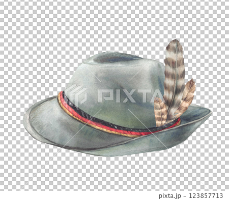 Hat with feather decorated by three ribbons color of German flag gold, red, black strips. Watercolor painted illustration. Hunting cap isolated from background. Headwear on Oktoberfest, Bavarian hat. 123857713