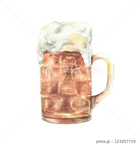A mug of beer with foam. Pint of ale, craft beer. Traditional drink, beverage at the Oktoberfest festival, bar, pub menu. Watercolor hand drawn illustration for card, flyer isolated from background. A mug of beer with foam. Pint of ale, craft beer. Traditional drink, beverage at the Oktoberfest festival, bar, pub menu. Watercolor hand drawn illustration for card, flyer isolated from background. 123857719