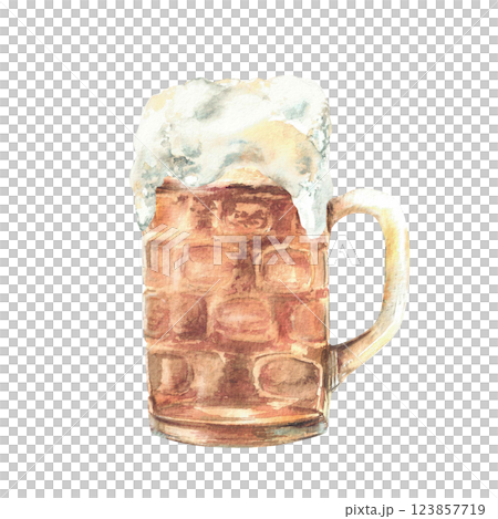 A mug of beer with foam. Pint of ale, craft beer. Traditional drink, beverage at the Oktoberfest festival, bar, pub menu. Watercolor hand drawn illustration for card, flyer isolated from background. A mug of beer with foam. Pint of ale, craft beer. Traditional drink, beverage at the Oktoberfest festival, bar, pub menu. Watercolor hand drawn illustration for card, flyer isolated from background. 123857719