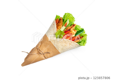 Grilled chicken wrap with fresh lettuce, tomatoes and cucumber in tortilla 123857806