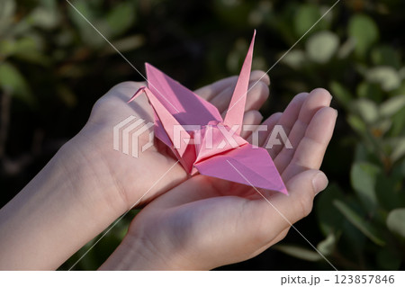 折り紙で作った鶴のプレゼント 123857846