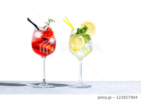 Summer Citrus Spritzer Cocktails. Hugo Spritz. Aperol Spritz. 123857904