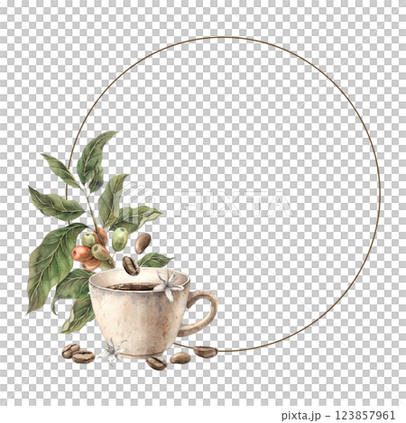 Branch of coffee tree with berries, grows from ceramic mug with aromatic coffee, roasted beans and flowers around. Watercolor round frame for banners, packaging, shops and cafes, menus, postcards Branch of coffee tree with berries, grows from ceramic mug with aromatic coffee, roasted beans and flowers around. Watercolor round frame for banners, packaging, shops and cafes, menus, postcards 123857961