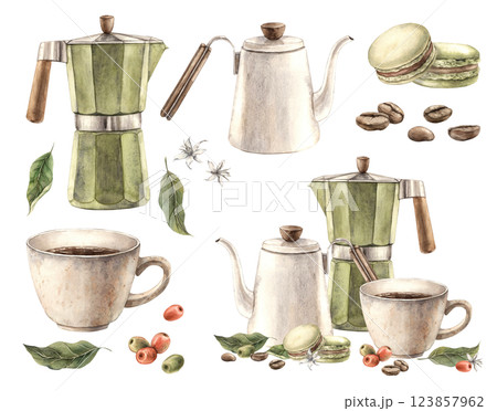Cup of coffee with pistachio macaroons and geyser coffee maker. Flowers and fruits of coffee tree, roasted beans. Watercolor set of elements and composition for cafe and shop design, postcards, banner Cup of coffee with pistachio macaroons and geyser coffee maker. Flowers and fruits of coffee tree, roasted beans. Watercolor set of elements and composition for cafe and shop design, postcards, banner 123857962