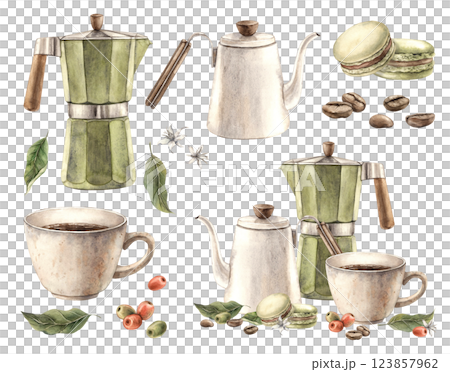 Cup of coffee with pistachio macaroons and geyser coffee maker. Flowers and fruits of coffee tree, roasted beans. Watercolor set of elements and composition for cafe and shop design, postcards, banner Cup of coffee with pistachio macaroons and geyser coffee maker. Flowers and fruits of coffee tree, roasted beans. Watercolor set of elements and composition for cafe and shop design, postcards, banner 123857962