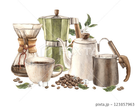 Geyser coffee maker, ceramic mug and teapot, milk jug, glass filter and green branches of coffee tree with flowers, roasted beans and sugar cubes. Watercolor composition for shops and cafes, packaging 123857963