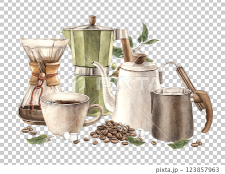 Geyser coffee maker, ceramic mug and teapot, milk jug, glass filter and green branches of coffee tree with flowers, roasted beans and sugar cubes. Watercolor composition for shops and cafes, packaging 123857963