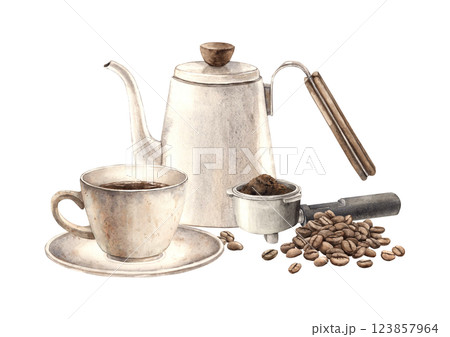 Mug with aromatic coffee, ceramic teapot, roasted beans and coffee machine horn with ground coffee. Watercolor isolated illustration for branding cafes, shops, coffee products, postcards, textiles 123857964